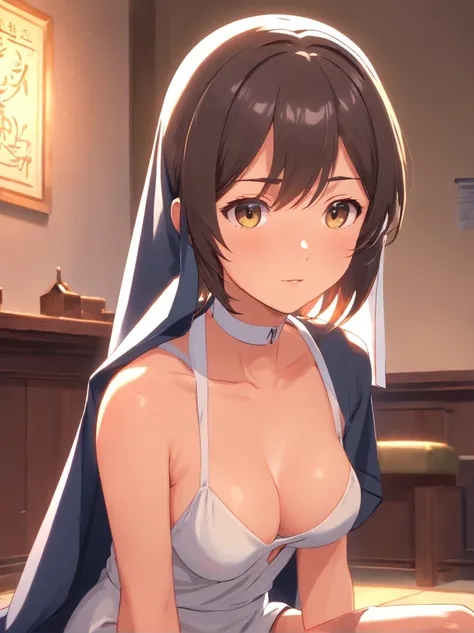 (1girl:1.5), masterpiece, best quality, best detail, best proportion, best anatomy, best face, blush, best shaped breasts, very large breasts,  (topless:1.4), (nipples:1.3), ((wearing nuns costume):1.2), 14 year old lowteen, ((half body shot):0.9), nsfw, i...