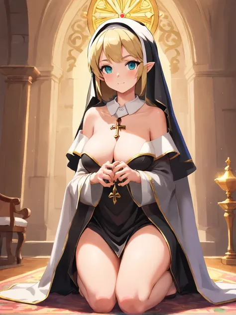 (1girl:1.5), masterpiece, best quality, best detail, best proportion, best anatomy, best face, blush, best shaped breasts, very large breasts,  (topless:1.4), (nipples:1.3), ((wearing nuns costume):1.2), 14 year old lowteen, ((half body shot):0.9), nsfw, i...