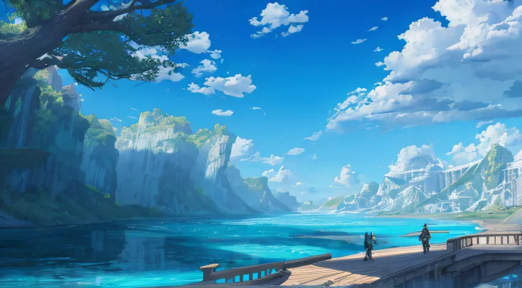 ConceptArt, no humans, scenery, water, sky, day, tree, cloud, waterfall, outdoors, building, nature, river, blue sky, final fantasy 13