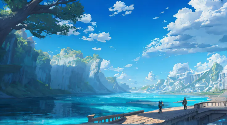 ConceptArt, no humans, scenery, water, sky, day, tree, cloud, waterfall, outdoors, building, nature, river, blue sky, final fantasy 13