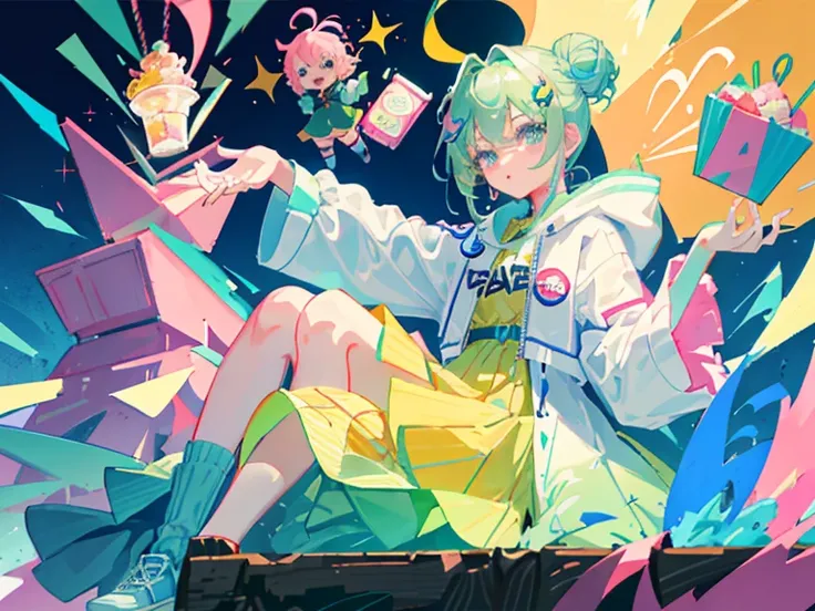 supreme， green down jacket，lime color hair，pink eyes，Standing on your feet，submachine gun，Chinese girl design，Detailed Genshin graphics，anime character design，anime concept art，pretty anime character design，anime character reference sheet，[Character design...