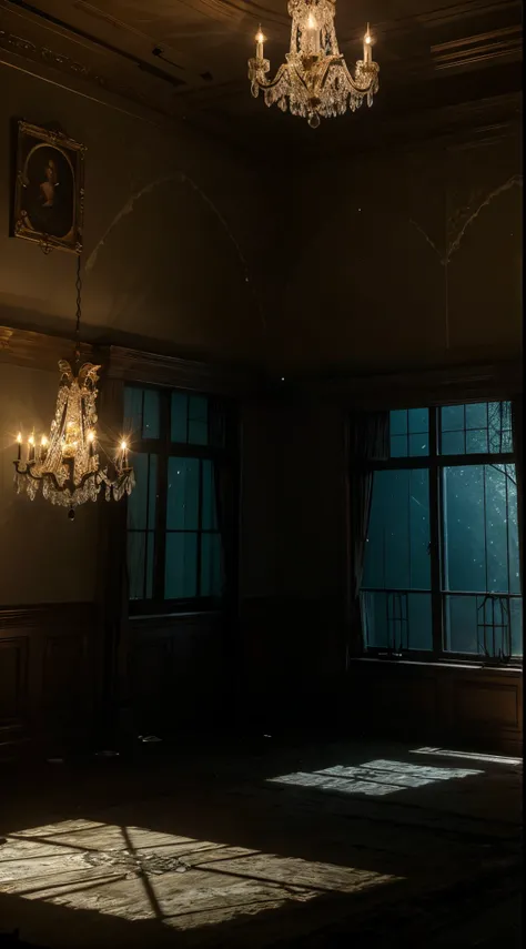 In the dimly lit grand ballroom of Blackthorn Manor, the air is thick with an ethereal stillness. Moonlight filters through ornate, cobweb-covered windows, casting an eerie glow on the faded wallpaper and worn-out tapestries that line the walls. The room i...