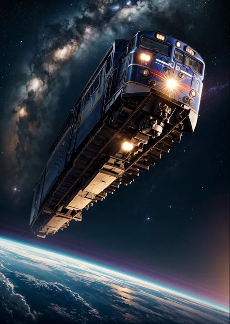 An express train running on a track drawn into outer space、The first vehicle is approaching、many stars、Seeing the Earth in the distance、Perfect litthing、foco nítido、high-detail、high-level image quality、High color rendering、hight resolution、A hyper-realisti...