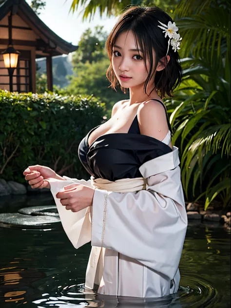 1girl in, breasts, Moon, lantern, Night, Solo, Large breasts, Hair Ornament, Wet, Kimono, komono, playing in the water, Water, Hair Flower, flower, Outdoors, skyporn, fullmoon, Rain, Black hair, off shoulders, mont, cloud, Holding, sash, Bare shoulders,  l...