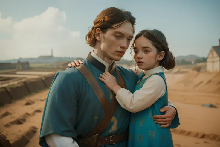 1135, England. otherworldly scene with an  outside a construction site, ((((39-year-old)) Sam Heughan)), hugging a 7-year-old daughter, look of relief, ((((poor tunic from the 12th century)))), ((Hairstyle of the 12th century)), ((Wes Anderson cinematic st...