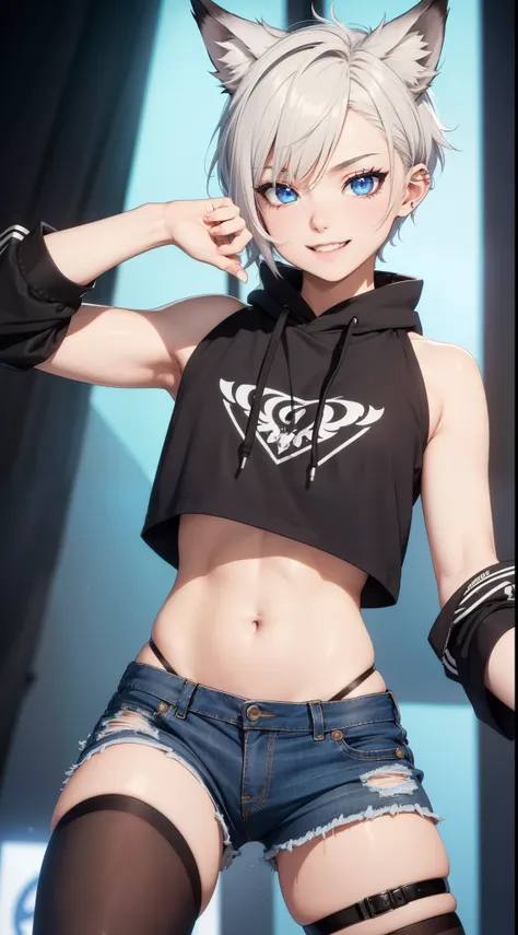 Masterpiece, wide smile, feminine boy with short (white hair), punk hair style, half shaved hair style, (horny face expression), has wolf ears, had wolf tail, action pose, wearing denim ripped shorts and a cropped black hoodie, (playing on electro guitar),...