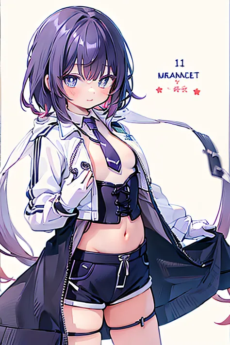 ((masutepiece)), ((Best Quality)),A drawing of an anime woman posing in the same outfit worn by anime version 1girl., Shorts, Purple shorts, corsets, Solo, Short tie, gloves, neck tie, Blue eyes, White Gloves, Jacket, Short hair, White jacket, masutepiece,...