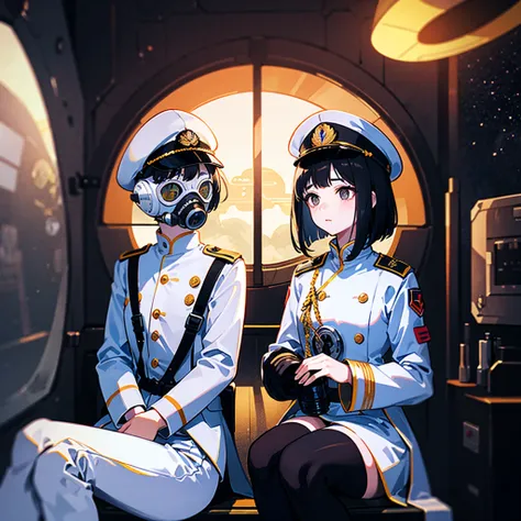 （（（​masterpiece）））、（（（Top image quality）））、（（（top-quality）））、（Illustration of one girl）、full bodyesbian、25-years old、（（（Viceroy）））、Black hair bob cut、（（Face covering gas mask））、Gray eyes、（（Tall））、（（Military uniforms））、（（Military Cap））、（（Military coat））、（wh...