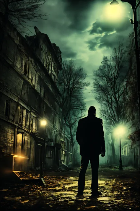 A person  standing in front of an abandoned building with a flashlight. The dark night  a spooky environment. Retro movie filter. European and American horror movie poster. Dark style. Realistic art.