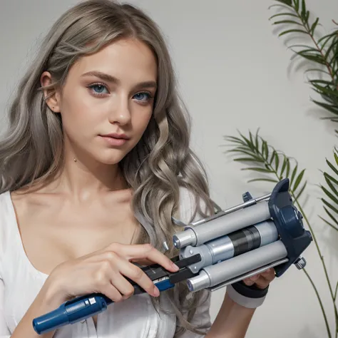 blond hair blue eyes，Long gray hair，curlies，white  clothes，solid color backdrop,Handheld curling iron