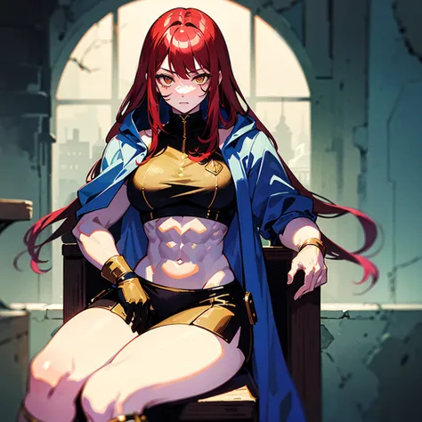 （（（​masterpiece）））、（（（Top image quality）））、（（（top-quality）））、（（（Illustration of one girl）））、（（（Muscle Girl）））、（（（neuter）））、a cool、（（Long hair with red hair））、Golden eyes、（（Tall））、（（（Muscular and strong body）））、（（（Muscular and strong body）））、（（Split abs））、（...