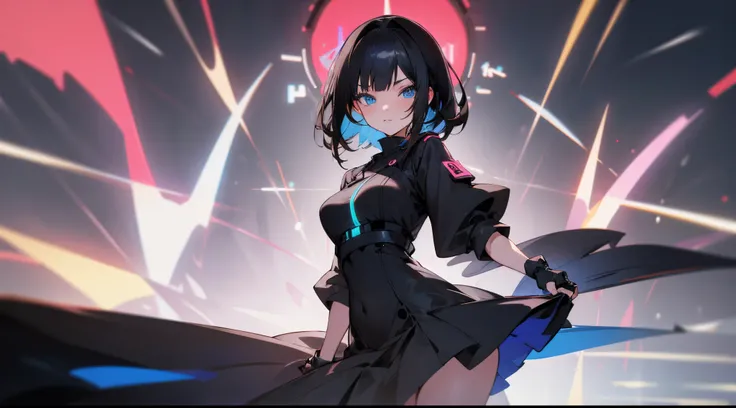 1girl,short brownish black hair,blue eyes, wearing Cosplay and Anime Fashions dress,night neon city,
absurdres,high res,ultrasharp,8k,masterpiece,looking at viewer,bust shot.