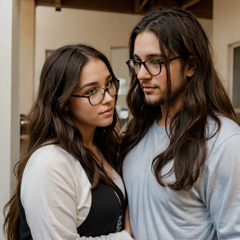 Couple kissing. Chubby girl with long curly brown hair hazel eyes and glasses. Tall skinny guy with black hair no glasses.