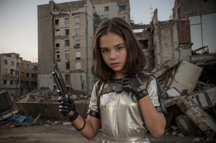 two 12 year old girl wearing (vaultsuit with pipboy3000 on wrist) standing in a ruined city, holding a large fallout weapon, giant slater fallout insect in background, professionally color graded, professional photography, well drawn, masterpiece, hyper re...