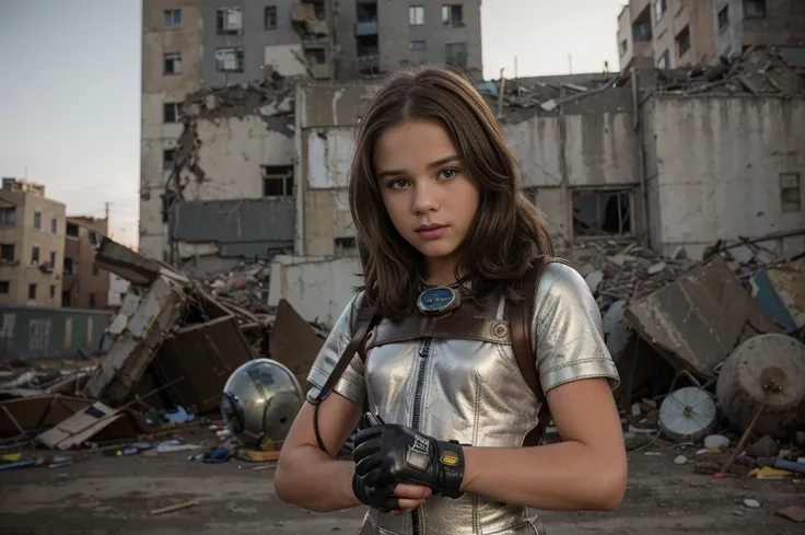 two 12 year old girl wearing (vaultsuit with pipboy3000 on wrist) standing in a ruined city, holding a large fallout weapon, giant slater fallout insect in background, professionally color graded, professional photography, well drawn, masterpiece, hyper re...