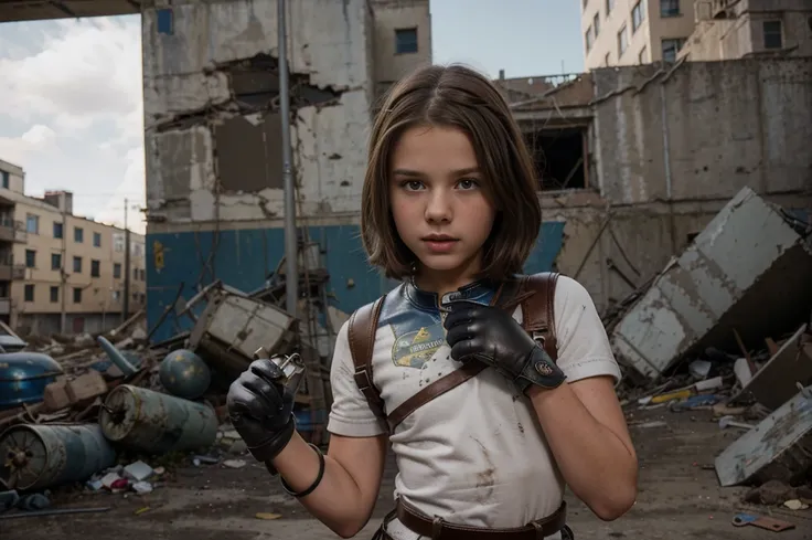 two 12 year old girl wearing (vaultsuit with pipboy3000 on wrist) standing in a ruined city, holding a large fallout weapon, gia...