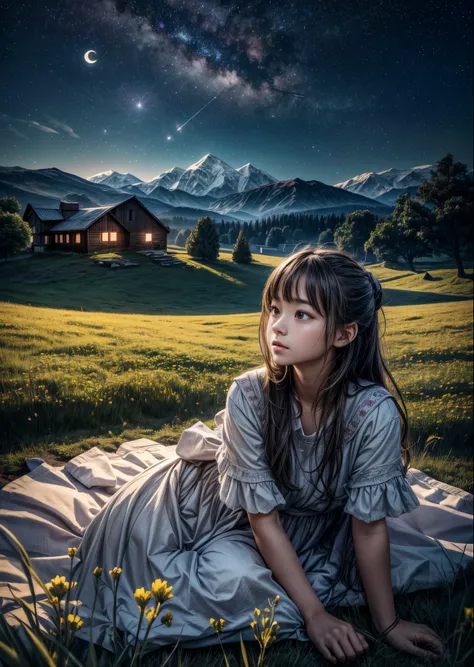 There is a girl and a boy looking up at the night sky in a meadow.、You can see a small bonfire next to the child.、There is a farmhouse a little far away, and you can see the light from its window.、A small moon rises between the distant mountains.、Many star...