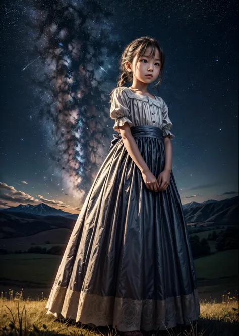 There is a girl and a boy looking up at the night sky in a meadow.、You can see a small bonfire next to the child.、There is a farmhouse a little far away, and you can see the light from its window.、A small moon rises between the distant mountains.、Many star...