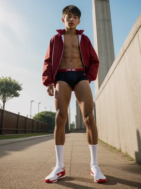 16 years old teenagers , very young , light-skin , wearing an dark red sexy underwear, tmasterpiece，k hd，the feet，Transparent sports vest，semi transparent，black long socks，The barefoot , red colour , handsome and cute , extreme cute boy , white skin , dark...