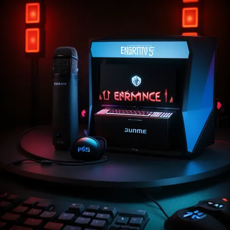 There  a microphone and a keyboard on the table, detailed wide shot, console and computer, , energeticatmosphere, gaming pc, streamer, Bottom corner, gaming pc, "The ultimate jigachard, gamer themed, dynamic and energetic, Medium view, RGB, for ps5, Dive b...