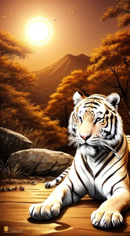 Golden zodiac white tiger, There is a full sun in the background., author：Ghana trip, tigers_beast, Traditional Japanese concept art, 3 0, large sacred tiger, Very detailed formal artwork, Peach style large straw wood, Full color digital illustration, Insp...