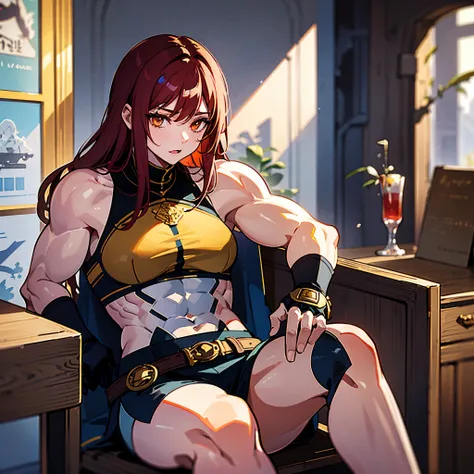 （（（​masterpiece）））、（（（Top image quality）））、（（（top-quality）））、（（（Illustration of one girl）））、（（（Muscle Girl）））、（（（neuter）））、a cool、（（Long hair with red hair））、Golden eyes、（（Tall））、（（（Muscular and strong body）））、（（（Muscular and strong body）））、（（Split abs））、（...