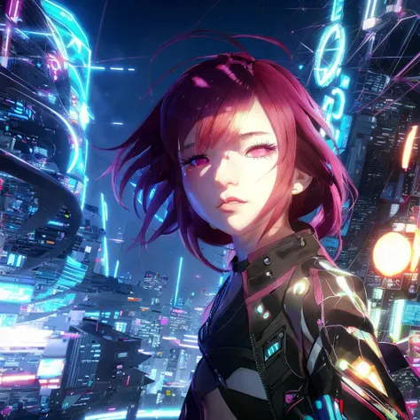 anime girl with red hair and purple hair in a city, modern cyberpunk anime, cyberpunk anime girl, digital cyberpunk anime art, c...