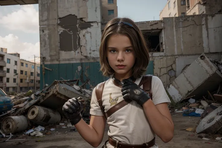 two 12 year old girl wearing (vaultsuit with pipboy3000 on wrist) standing in a ruined city, holding a large fallout weapon, gia...