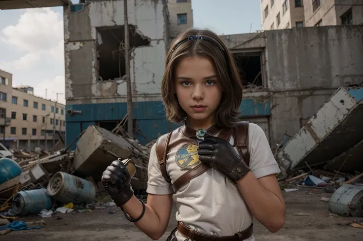 two 12 year old girl wearing (vaultsuit with pipboy3000 on wrist) standing in a ruined city, holding a large fallout weapon, gia...