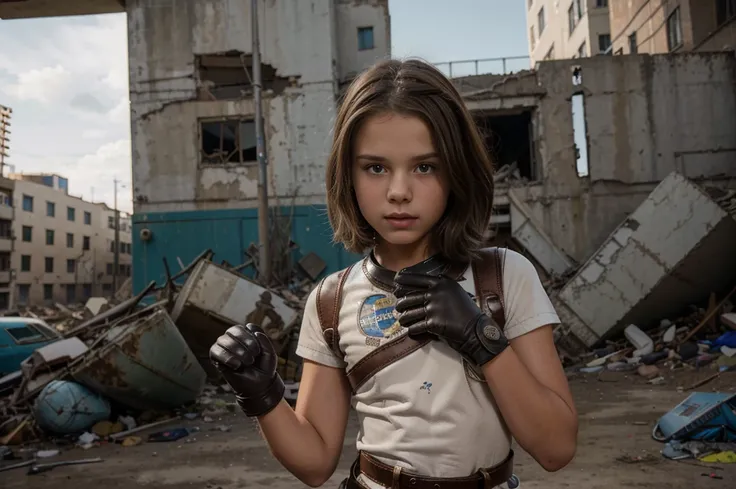 two 12 year old girl wearing (vaultsuit with pipboy3000 on wrist) standing in a ruined city, holding a large fallout weapon, gia...