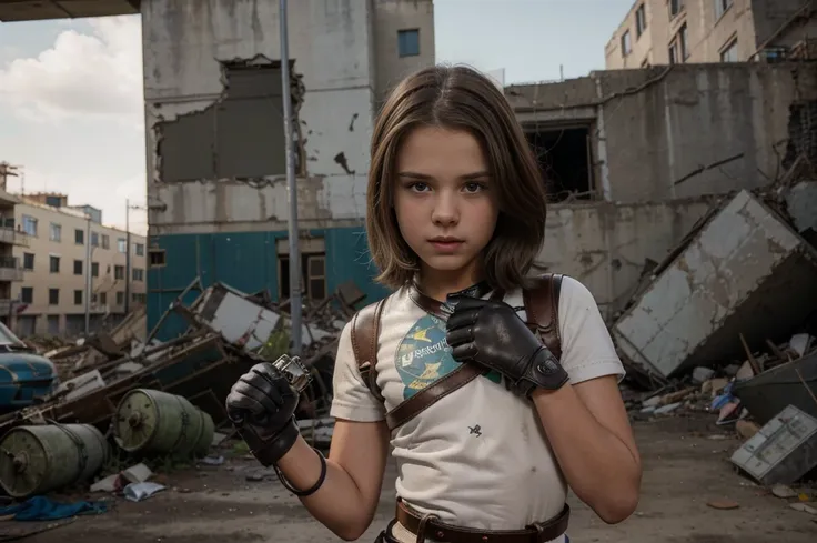 two 12 year old girl wearing (vaultsuit with pipboy3000 on wrist) standing in a ruined city, holding a large fallout weapon, gia...