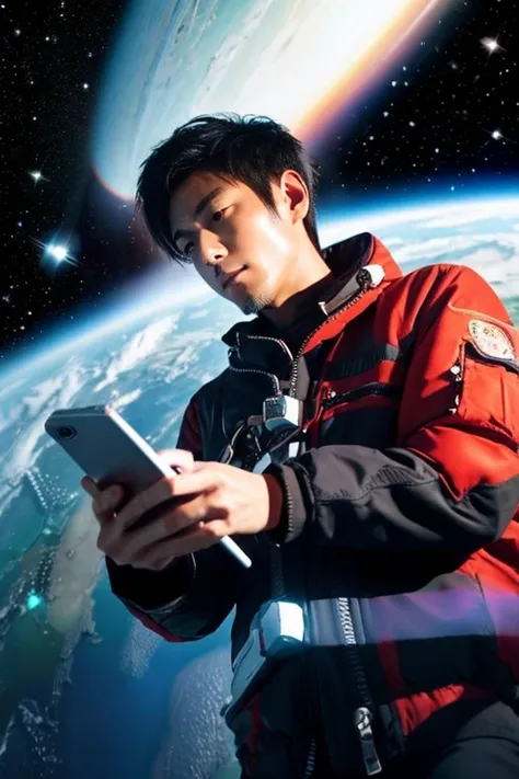 Handsome Japanese man looking at his smartphone in space,floating in space