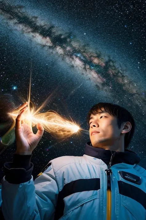 Handsome Japanese man looking at his smartphone in space,floating in space