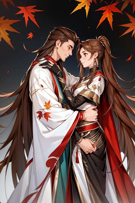 A girl with long flowing hair drags her handsome boyfriend#39;s cheek with her hand,Look at each other, shy,affectionate,The autumn leaves flutter