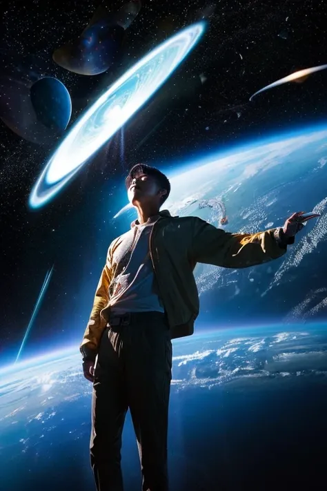 Handsome Japanese man looking at his smartphone in space,floating in space,floating whole body