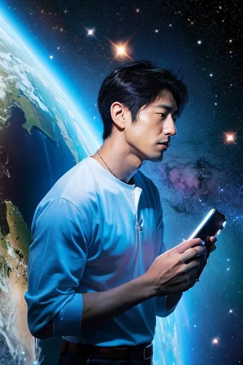 Handsome Japanese man looking at his smartphone in space,floating in space,floating whole body