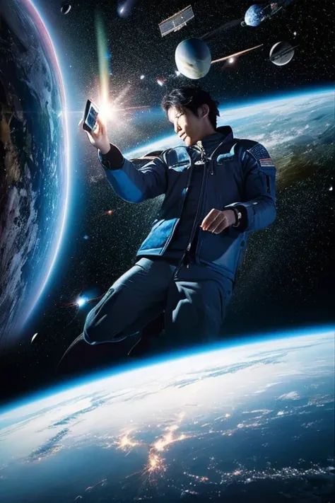 Handsome Japanese man looking at his smartphone in space,floating in space,floating whole body