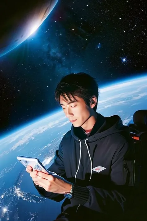 Handsome Japanese man looking at his smartphone in space,floating in space,floating full body photo