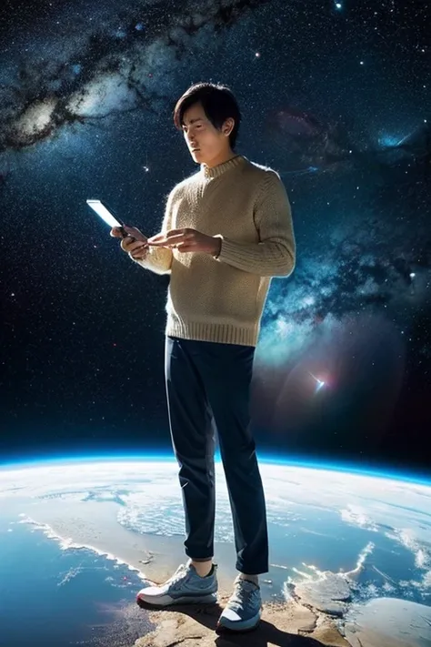 Handsome Japanese man looking at his smartphone in space,floating in space,floating full body photo