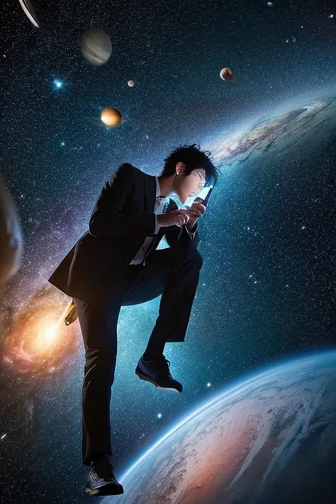 Handsome Japanese man looking at his smartphone in space,floating in space,floating full body photo