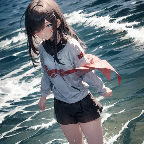 of the highest quality, anime moe art style,Best Anime 8K Konachan Wallpapers,Pixiv Contest Winner,Perfect Anatomy, BREAK,(Draw a picture of a girl in a swimsuit walking on the beach.),BREAK, 1girl is a beautiful girl with poor luck.,(Solo,Lori,child,14yea...