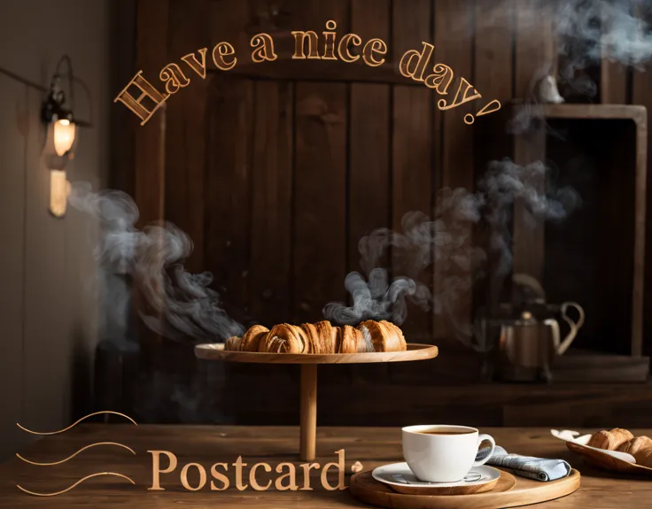 there  a postcard with a picture of a cozy room with a wooden table, on which stands a tray with a steaming cup of coffee and a ...