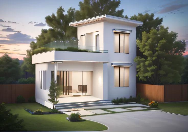 (masterpiece),(high quality), best quality, authentic,(realistic), super detailed, (full details),(4k),8k,modern house exterior design, Modern architecture, white wall, aluminum glass window, aluminum glass door ,Beautiful sky,Daylight, no_humans , outdoor...