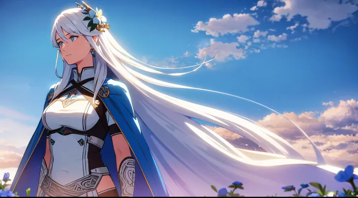 masterpiece, best quality, 1lady, solo, really long hair, white hair, (blue flowers hair ornament), light blue eyes, earrings, day, Vast sky, beautiful skyline, Celtic, fantasy, knights, swords, blue cape, calm