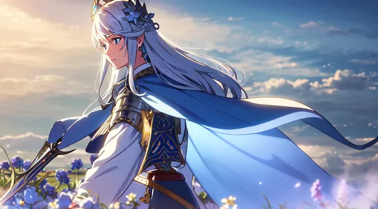 masterpiece, best quality, 1lady, solo, really long hair, white hair, (blue flowers hair ornament), light blue eyes, earrings, day, Vast sky, beautiful skyline, Celtic, fantasy, armored knights, swords, blue cape, calm