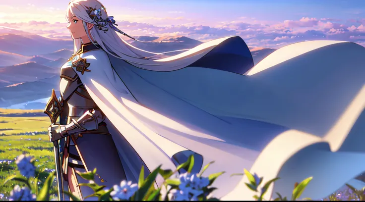 masterpiece, best quality, 1lady, solo, really long hair, white hair, (blue flowers hair ornament), light blue eyes, earrings, day, Vast sky, beautiful skyline, Celtic, fantasy, armored knights, swords, blue cape, calm