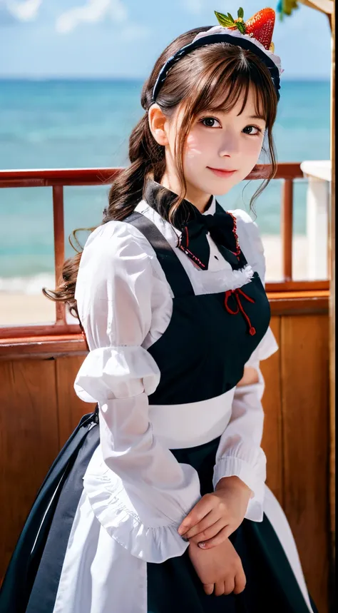 promo photo, The place is a restaurant by the sea.，1 girl, 16-year-old face, waitresses, Red-headed twin-tailed, Gentle face, Gothic Lolita half costume and maid costume and strawberry image, Clothes based on white,