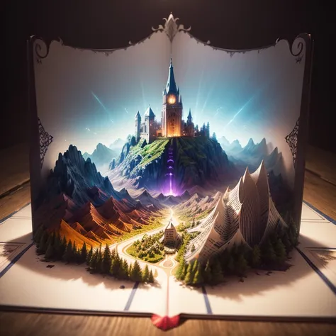 (Pop-up Books:1.5)，(Scenery)，(highly colorful, Best Quality, detaileds, masutepiece, offcial art, Cinematic lighting, 4K, Chiaroscuro)