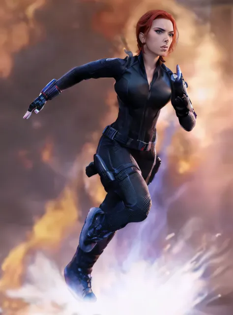 a close up of a woman in a black suit running, fire and explosions in background, bokeh, black widow, scarlett johansson black widow, dark natasha, natasha romanoff, solo female character, textless, female lead character, from avengers, as black widow, sca...