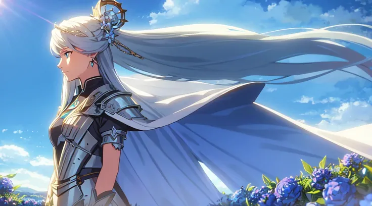 masterpiece, best quality, 1lady, solo, really long hair, white hair, (blue flowers hair ornament), light blue eyes, earrings, day, Vast sky, beautiful skyline, Celtic, fantasy, armored knights, swords, blue cape, calm